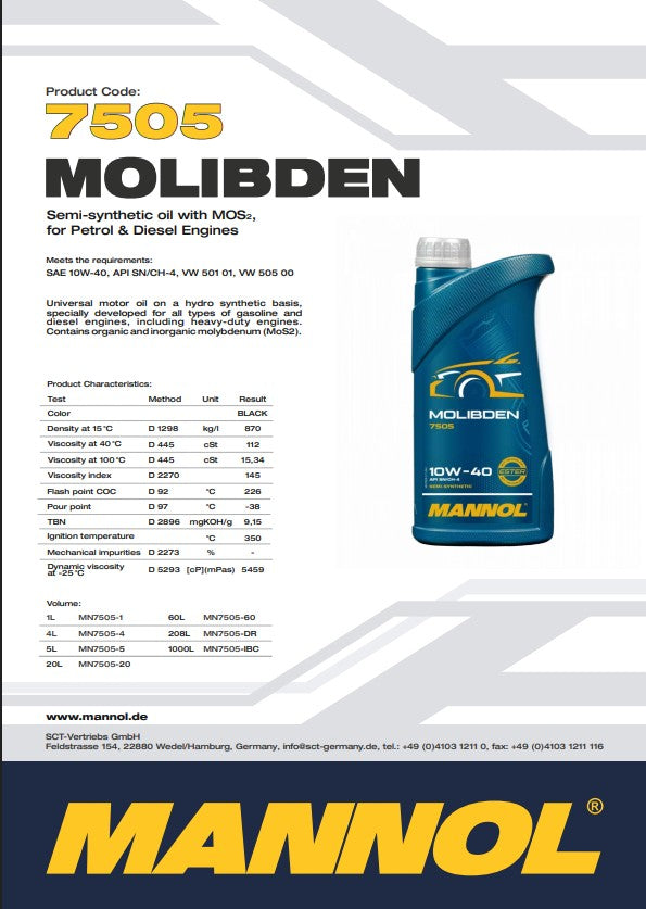 Aceite Motor Mannol 7505 Molibden 10W-40 - 4L - con MoS2 Antifricción