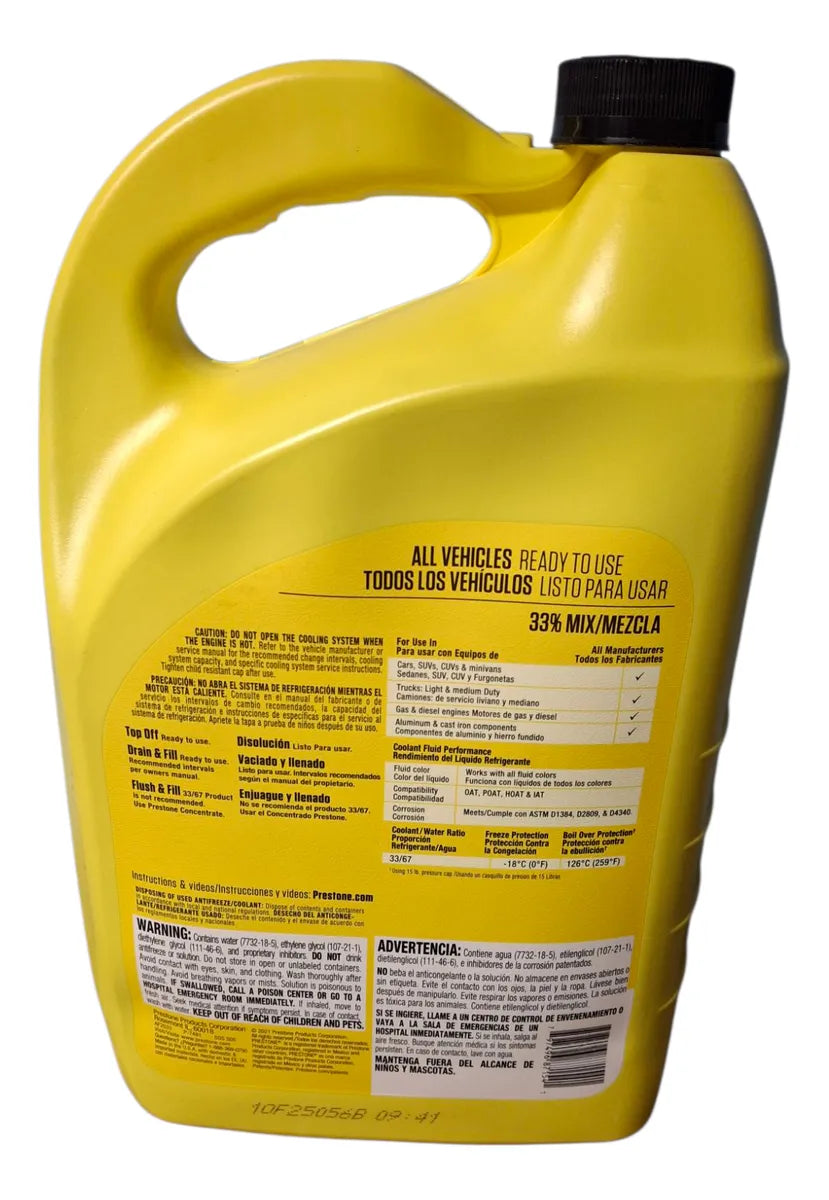 Refrigerante Prestone 33% Listo para Usar 3.78L - Protección Máxima Anticorrosión
